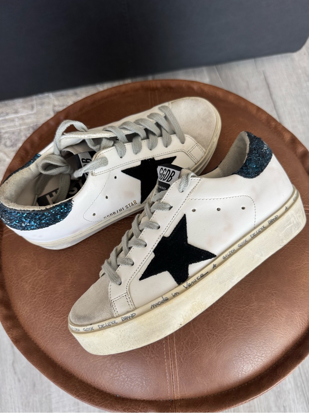 SOLD-Golden Goose White Sneakers with Black Star and Blue Glitter Heel
